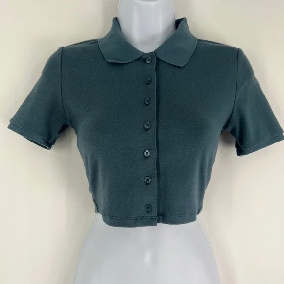 Sunday Best Aritzia Size XS Cropped Polo Cardigan Teal Blue Button Front Top - Picture 1 of 9